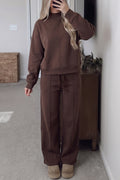 Coffee Mock Neck Pullover Pants Set front view