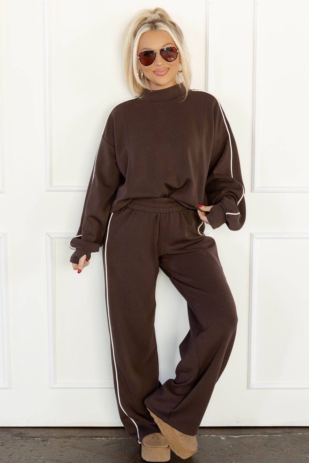 Coffee Sporty Piping Trim Mock Neck Pullover Relaxed 2pcs Pant Set Dear-Lover Dropshipping