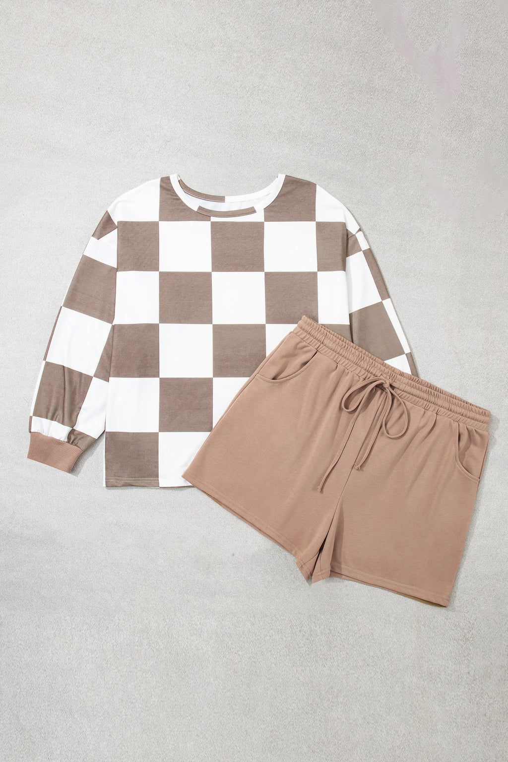 Plus size khaki checkered long sleeve top and solid shorts set