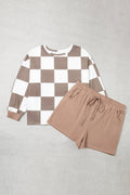 Plus size khaki checkered long sleeve top and solid shorts set