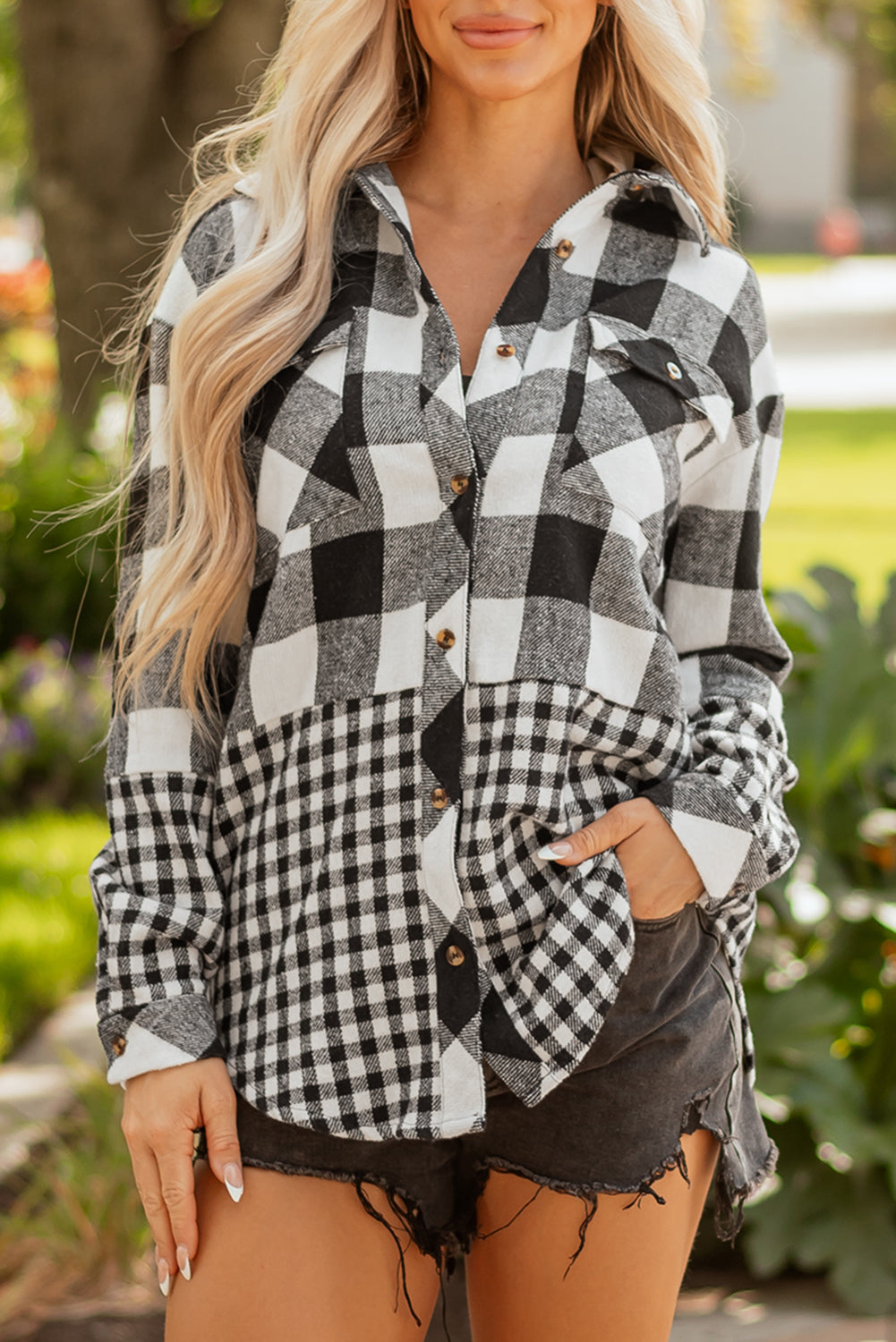 Black Double Plaid Patchwork Drawstring Hooded Shacket Dear-Lover Dropshipping