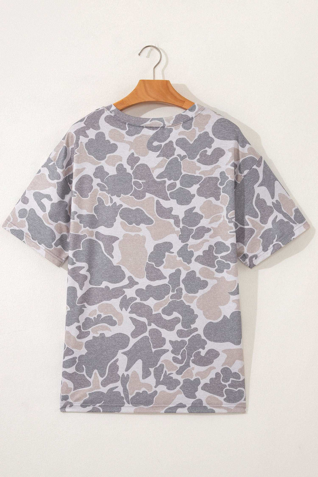 Oversized Retro Camo Print casual tee in soft breathable fabric with gray and beige camouflage pattern