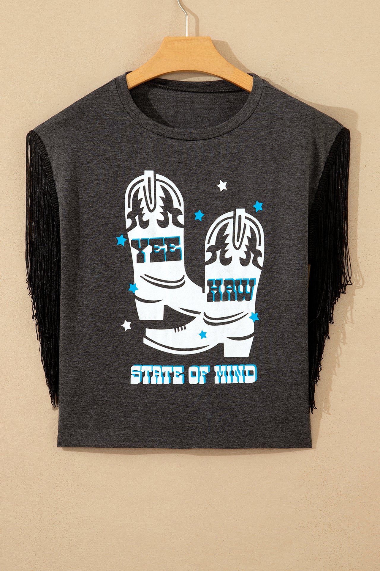 Carbon Grey YEE HAW Boots STATE OF MIND Fringed Sleeve Tee