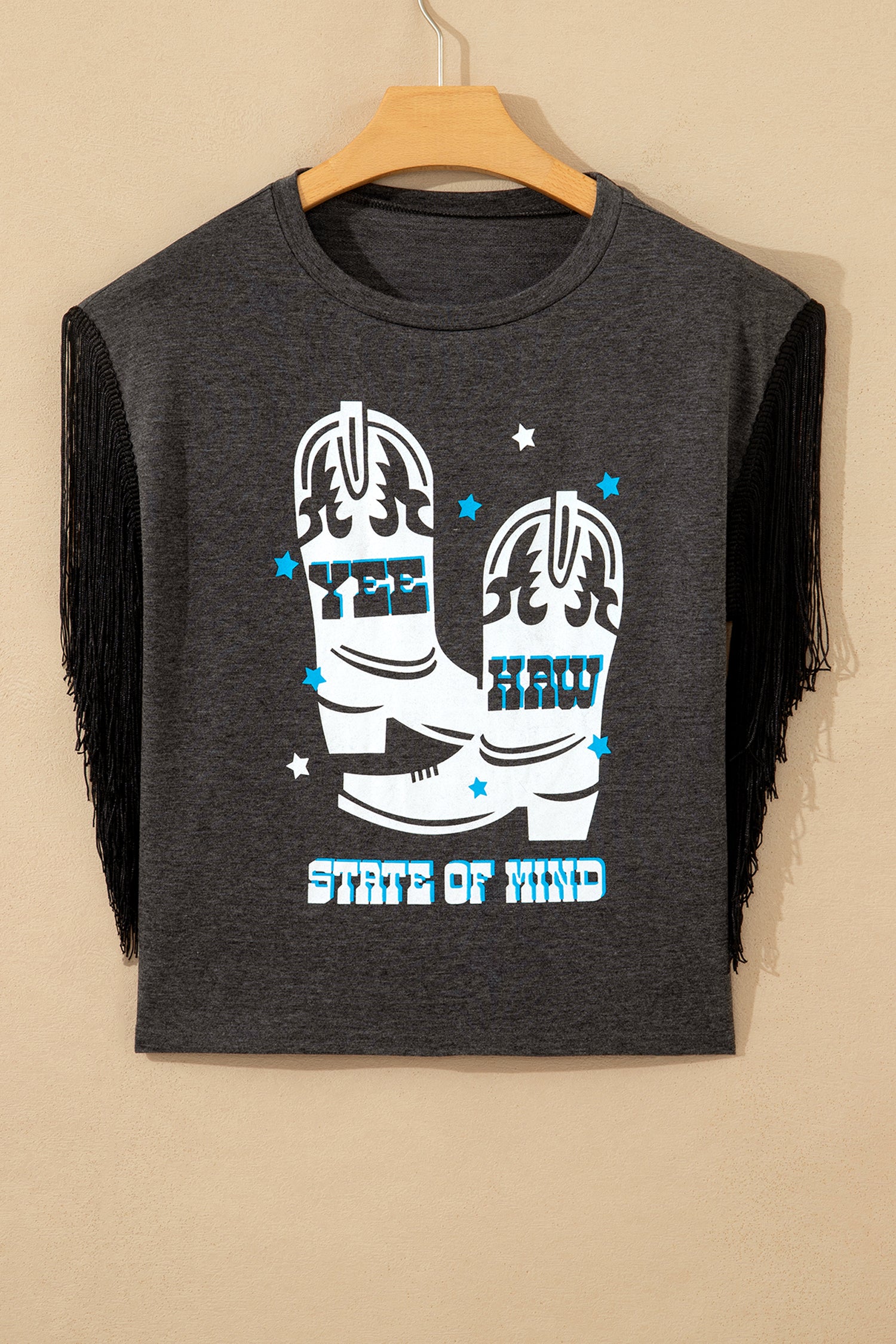 Carbon Grey YEE HAW Boots STATE OF MIND Fringed Sleeve Tee
