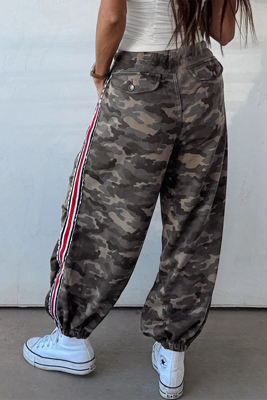 Green Camouflage Print Striped Side Panel Patchwork Drawstring Pants Dear-Lover Dropshipping