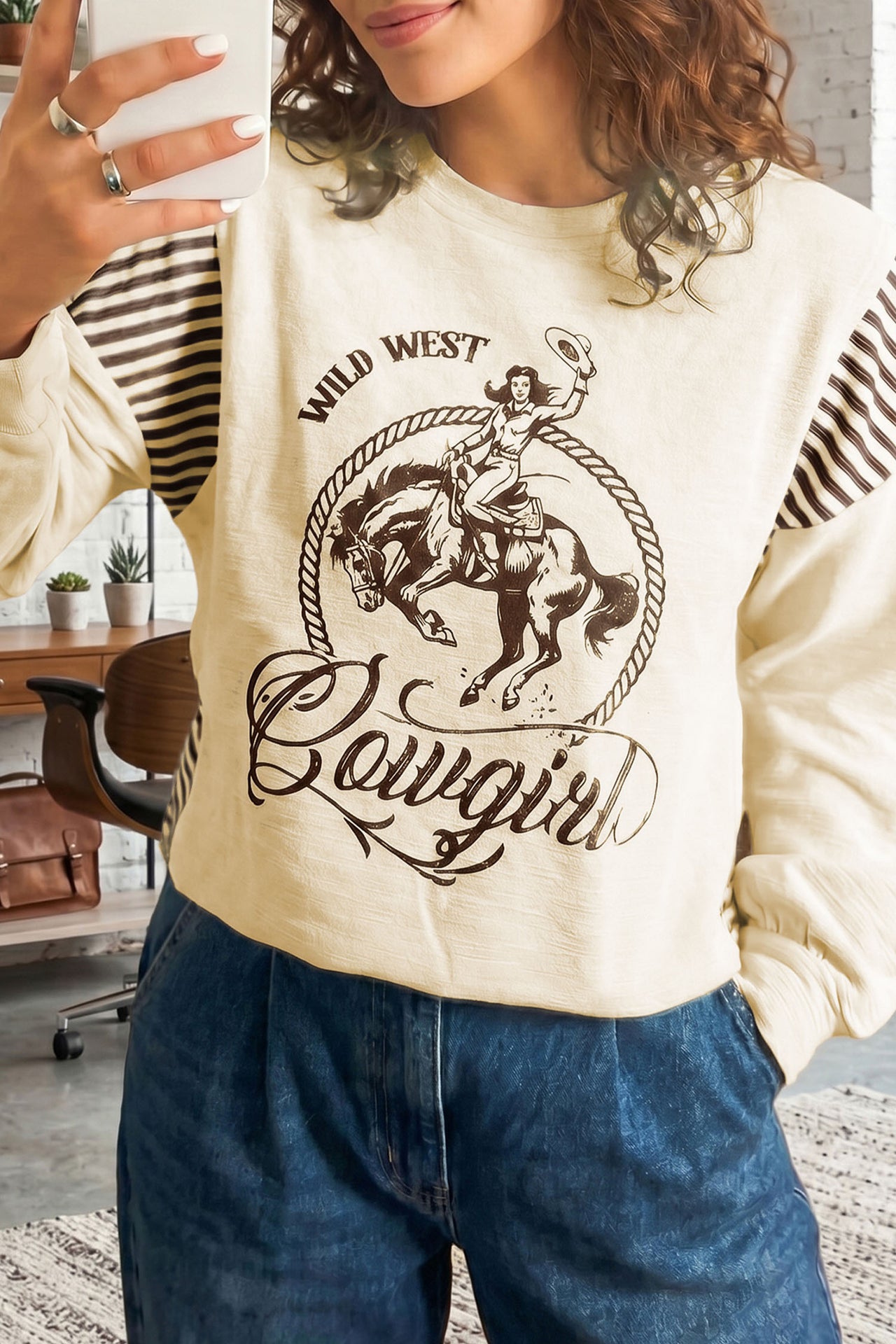 Jet Stream Western Print Striped Detail Long Sleeve Casual Top
