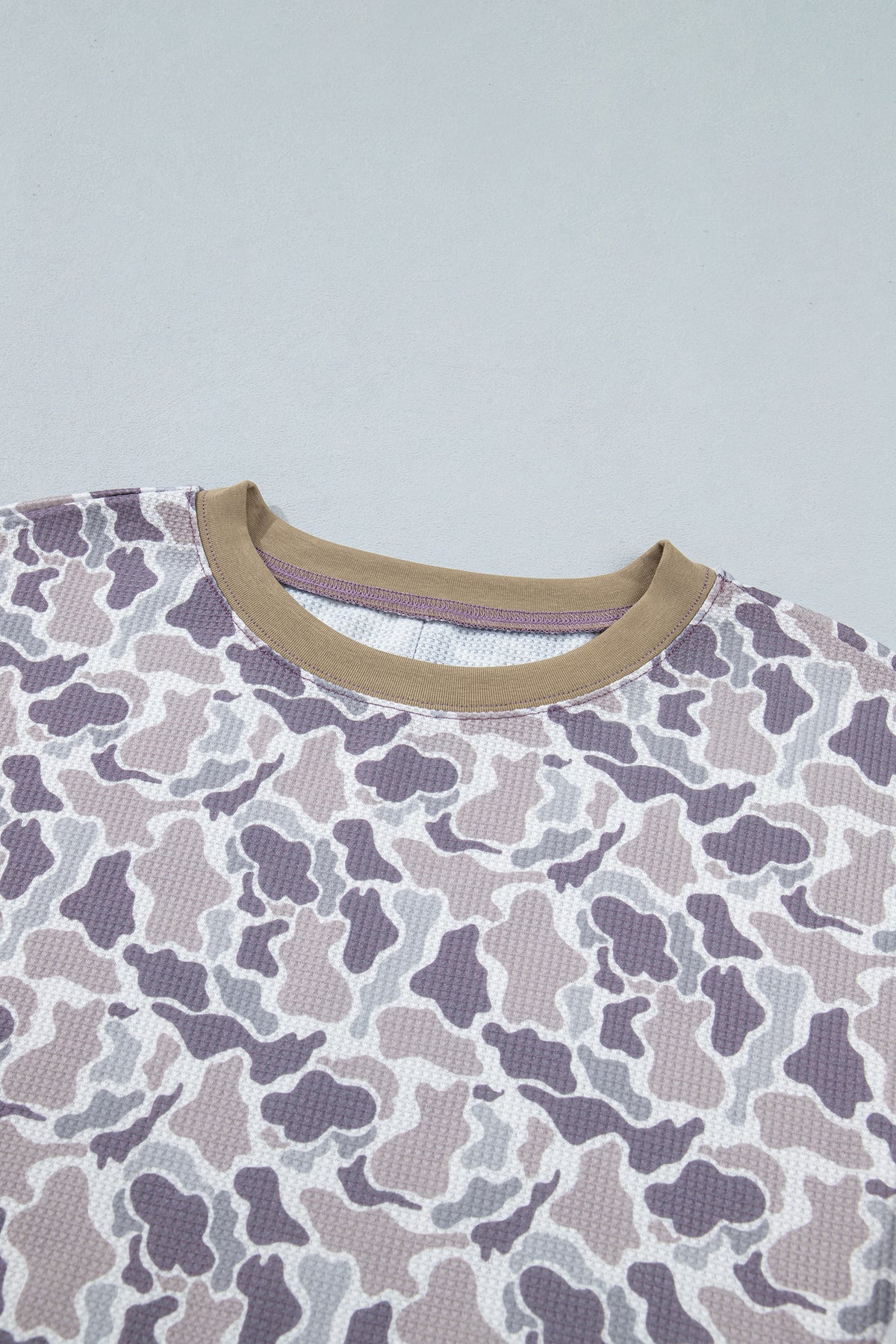 Khaki Camouflage Print Textured Knit Color Block Trim Long Sleeve Top Dear-Lover Dropshipping
