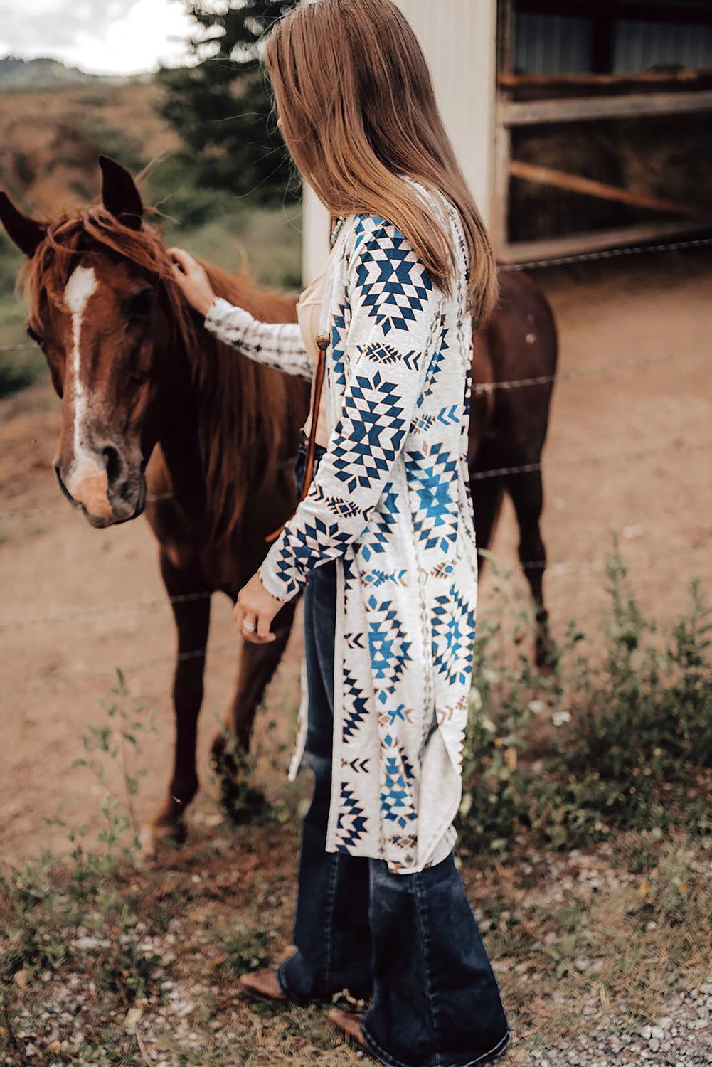 Western Aztec Print Long Open Cardigan