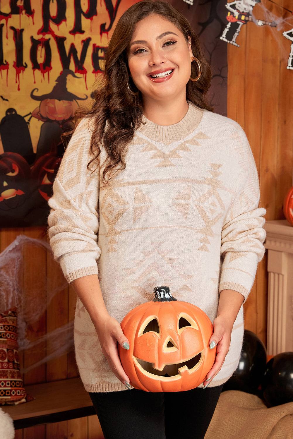 Apricot aztec plus size sweater, view 4