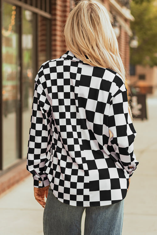 Black Checkerboard Flap Pocket Button Front Shacket Dear-Lover Dropshipping