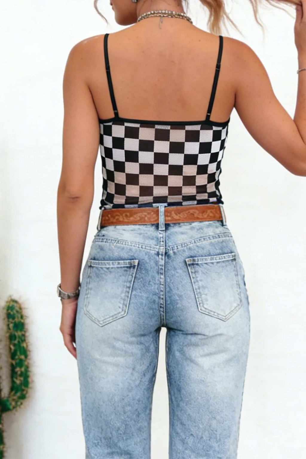 Black sheer checkered tank top, alternate view