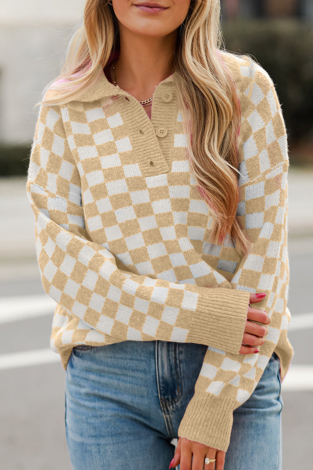Apricot Checkered Collared V-Neck Sweater