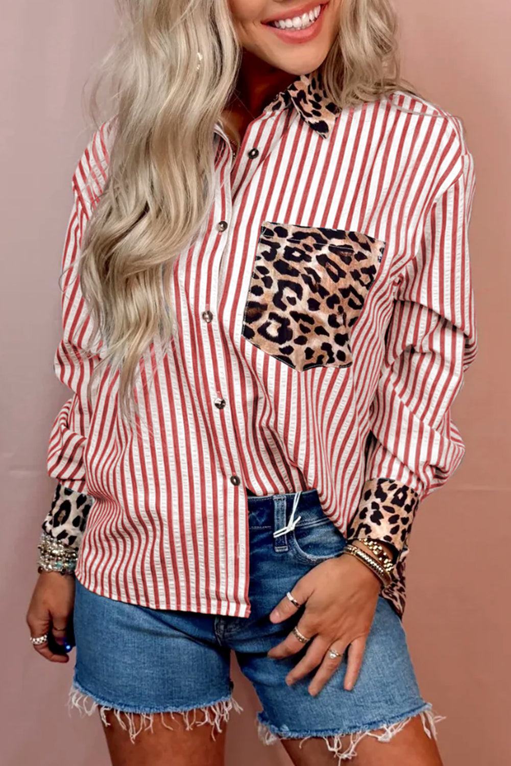 Racing Red button-up shirt with vertical stripes, leopard print collar, chest pocket, and cuff details in a casual style