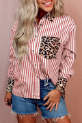 Racing Red button-up shirt with vertical stripes, leopard print collar, chest pocket, and cuff details in a casual style