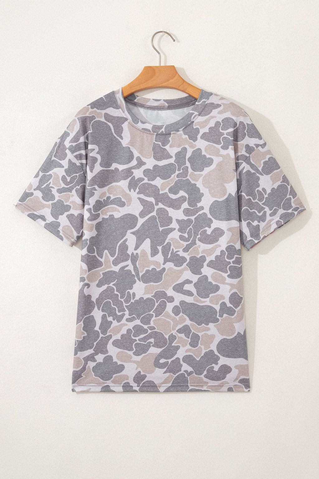 Oversized grey and beige cotton tee with Retro Camo Print pattern and short sleeves for casual wear