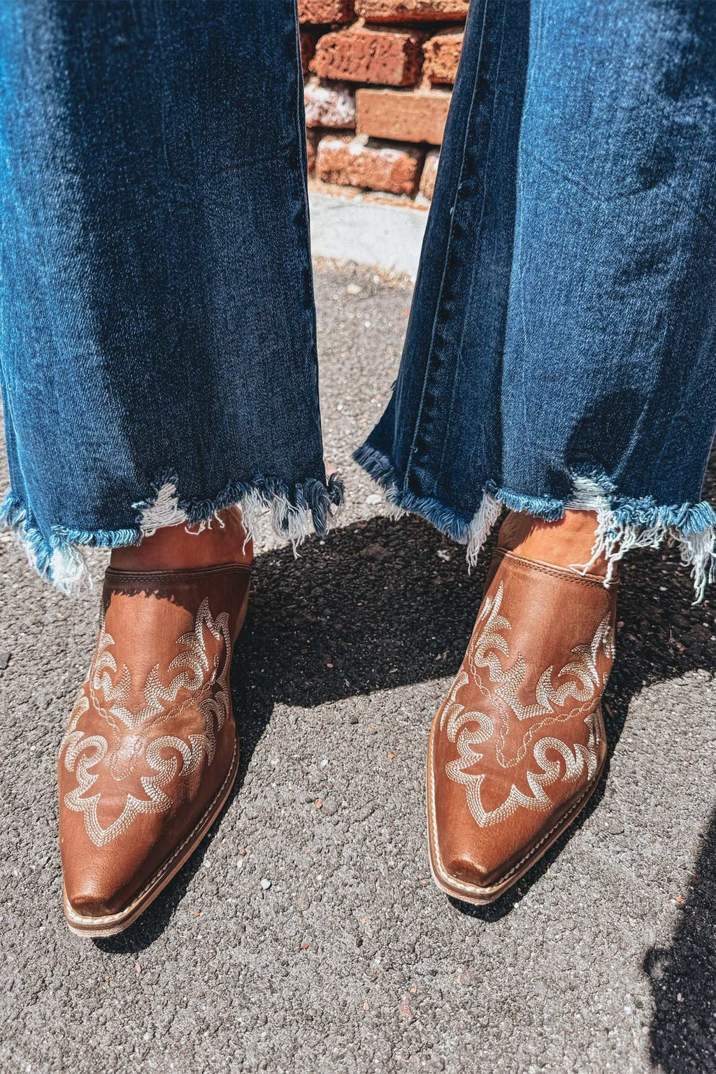 Blue frayed hem flare jeans, view 8