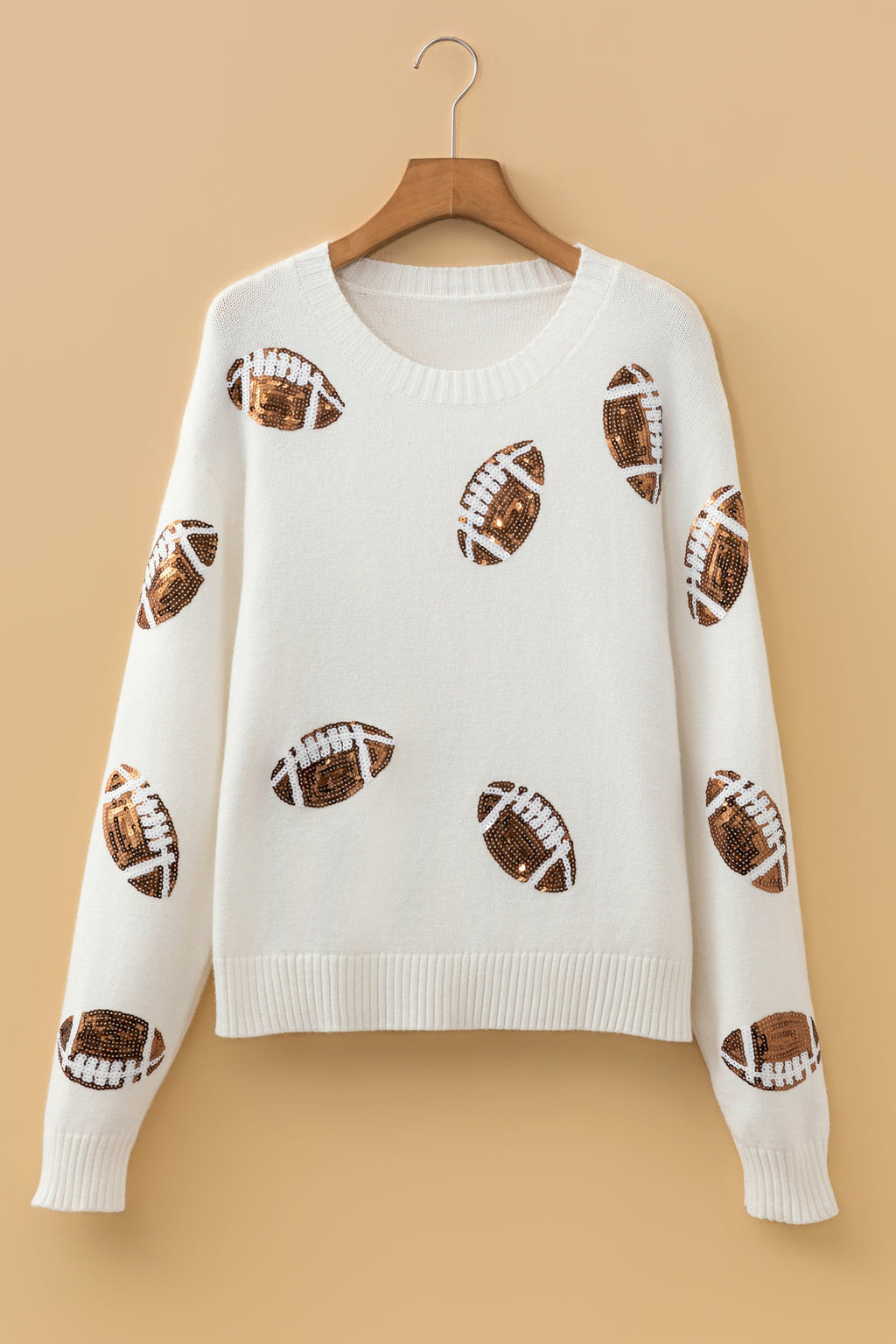 Women's beige loose sweater with sequin football design