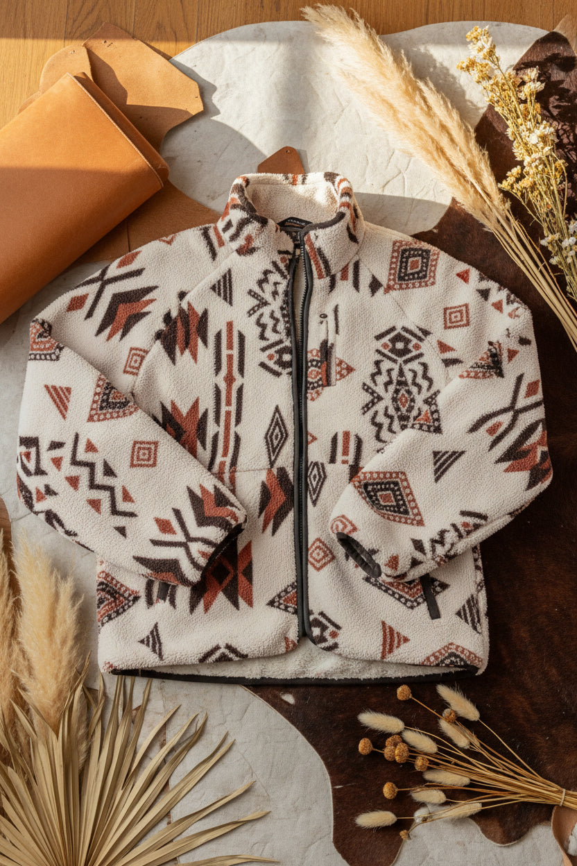Women's beige geometric print sherpa zip-up jacket with shirt collar