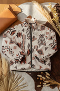 Women's beige geometric print sherpa zip-up jacket with shirt collar