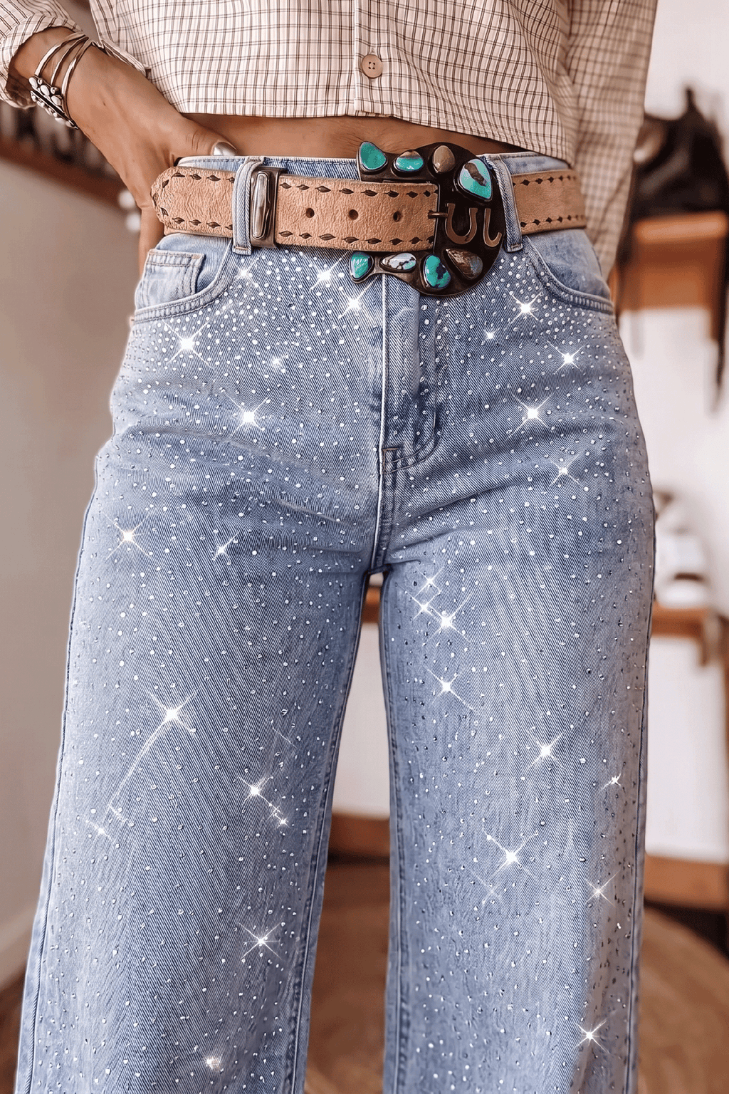 Beau Blue Sparkle Detail Western Casual Shift Jeans Dear-Lover Dropshipping