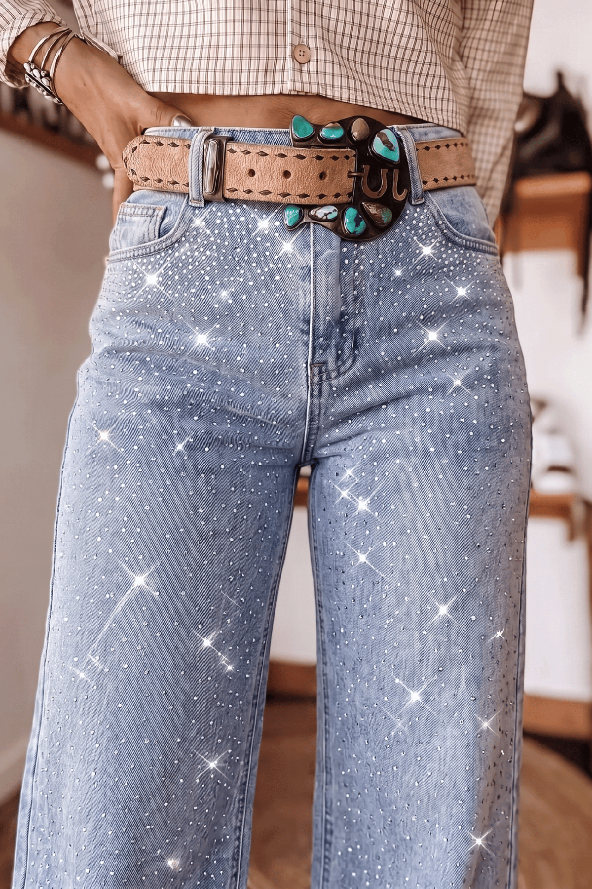 Beau Blue Sparkle Detail Western Casual Shift Jeans Dear-Lover Dropshipping