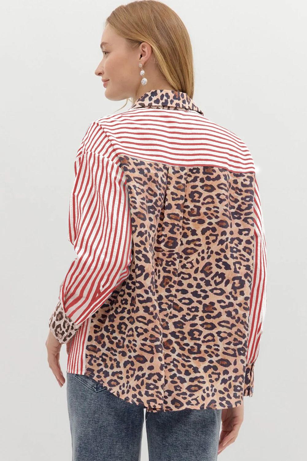 Racing Red button-up shirt with bold red stripes and leopard print patchwork, featuring a contrast collar and cuffs.