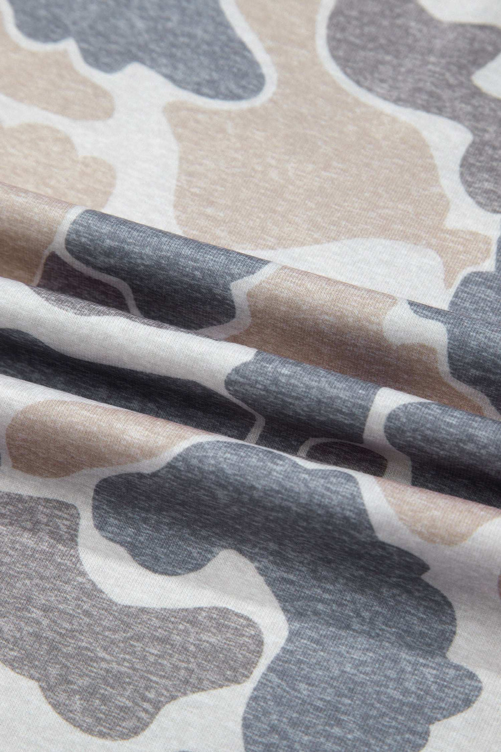 Retro Camo Print casual tee fabric in soft, breathable material with beige, gray, and white camouflage pattern.