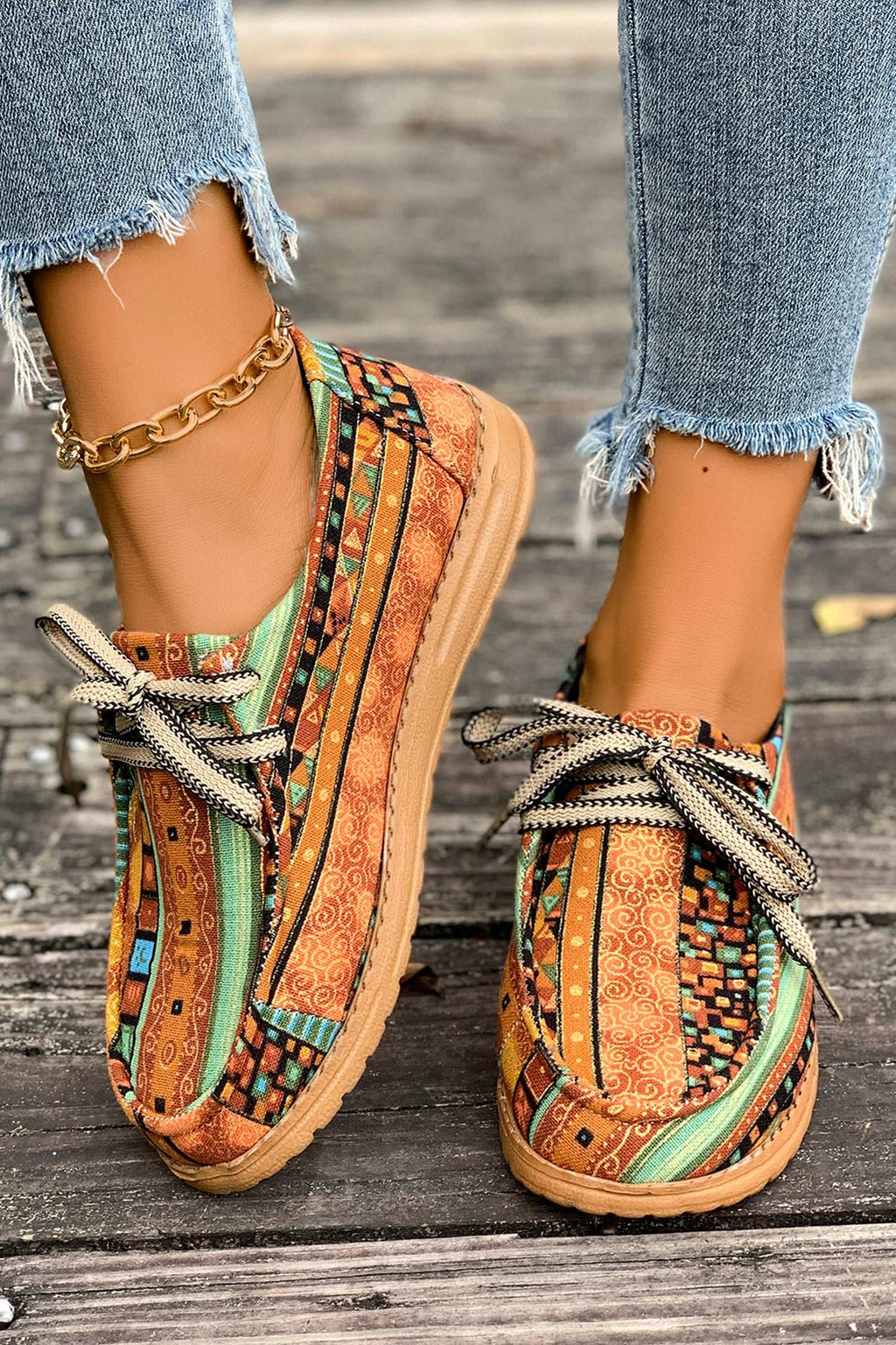 Women's mustard artistic print lace-up comfort loafers