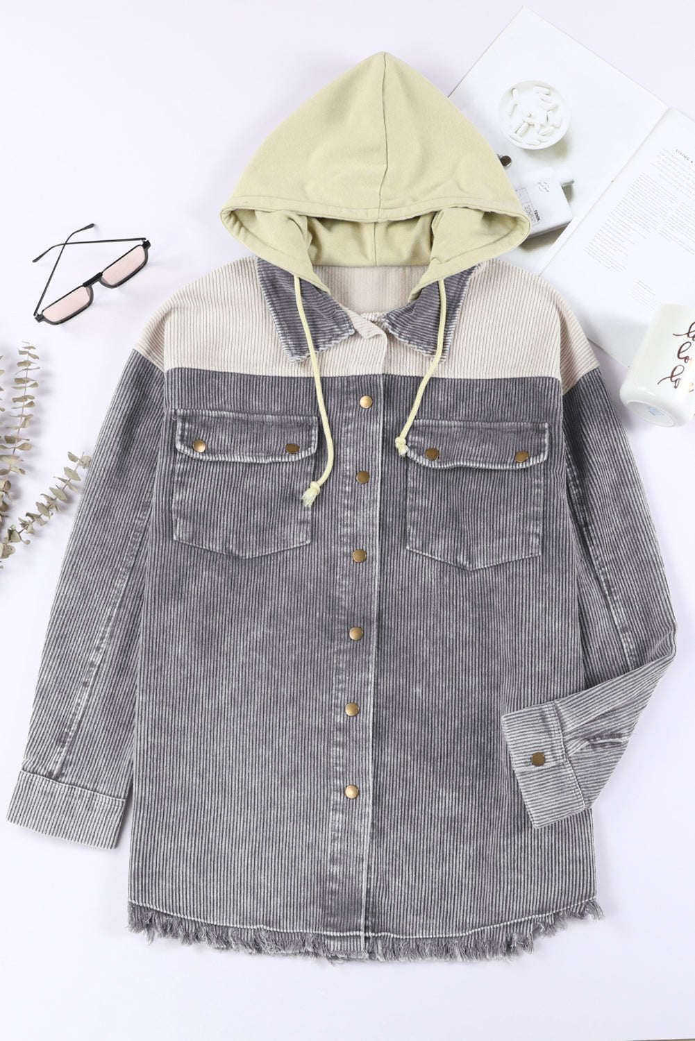 Gray Color Block Button Down Hooded Corduroy Jacket Dear-Lover Dropshipping