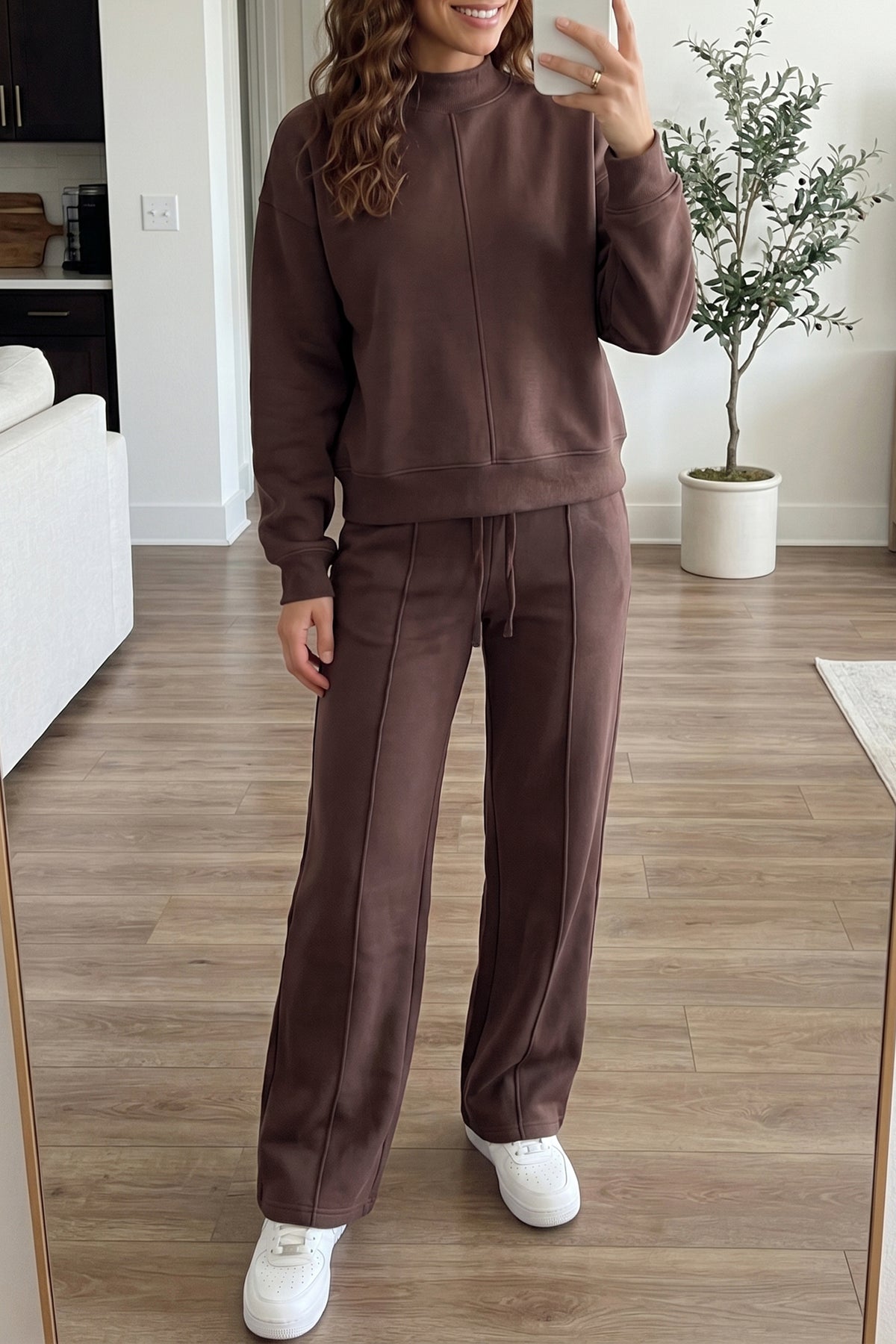 Coffee mock neck pant set, view 4