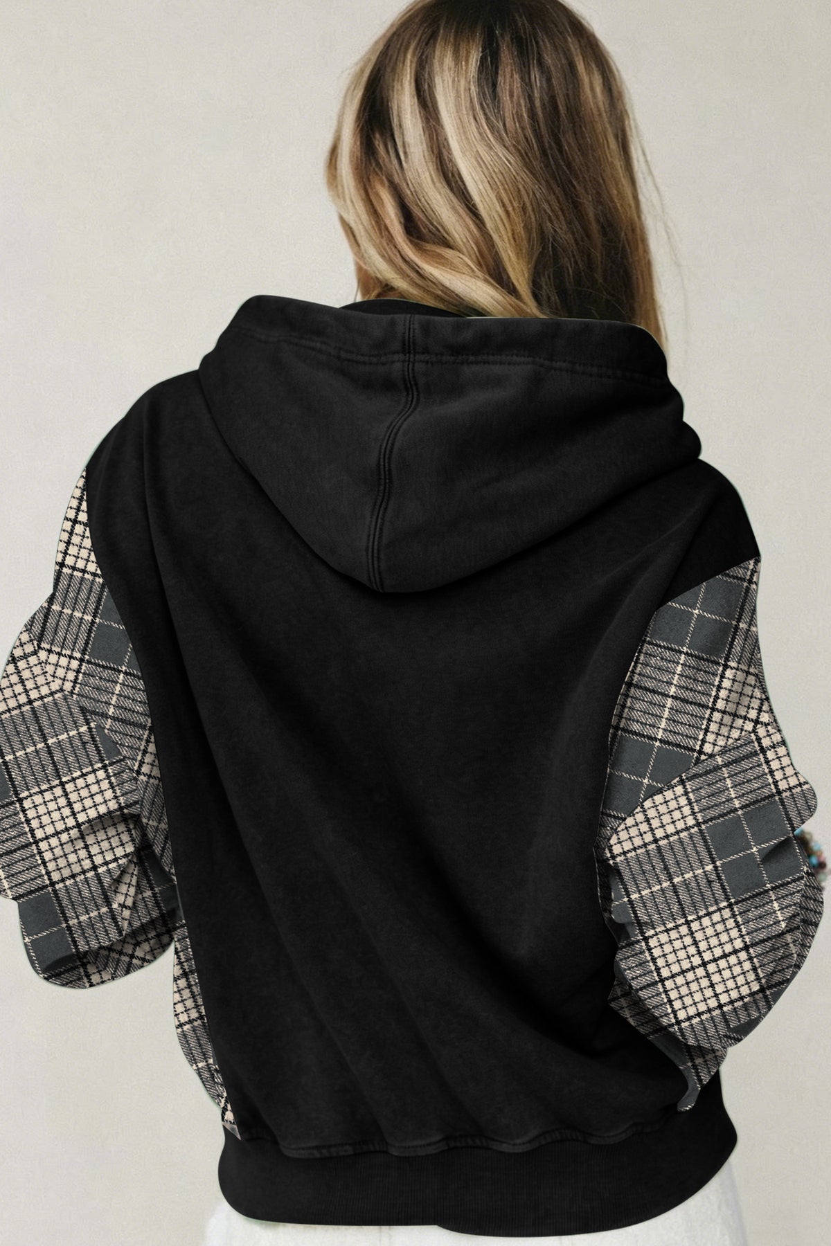 Moss Green Plaid Sleeve Drawstring Pocket Hooded Sweatshirt Dear-Lover Dropshipping