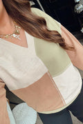 Green Plus Mixed Texture Color Block Patchwork V Neck Long Sleeve Top BD Boutique
