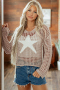Women's sage green crochet hooded sweater with star pattern