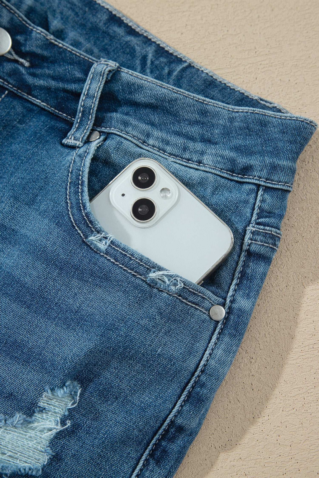 Blue frayed hem flare jeans, view 16