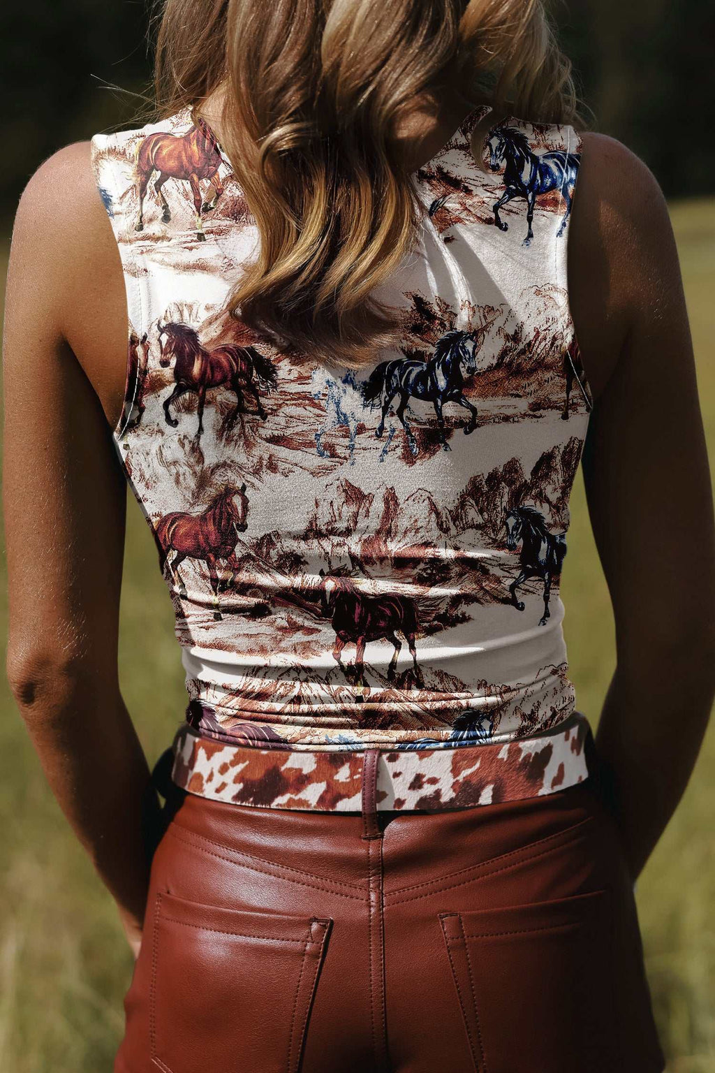 Brown horse print tank top, alternate view