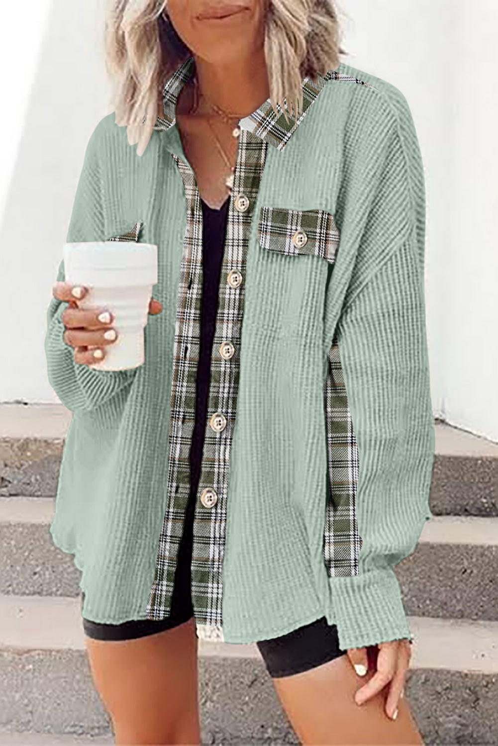 Grass Green Plaid Patchwork Waffle Thermal Knit Shacket Dear-Lover Dropshipping
