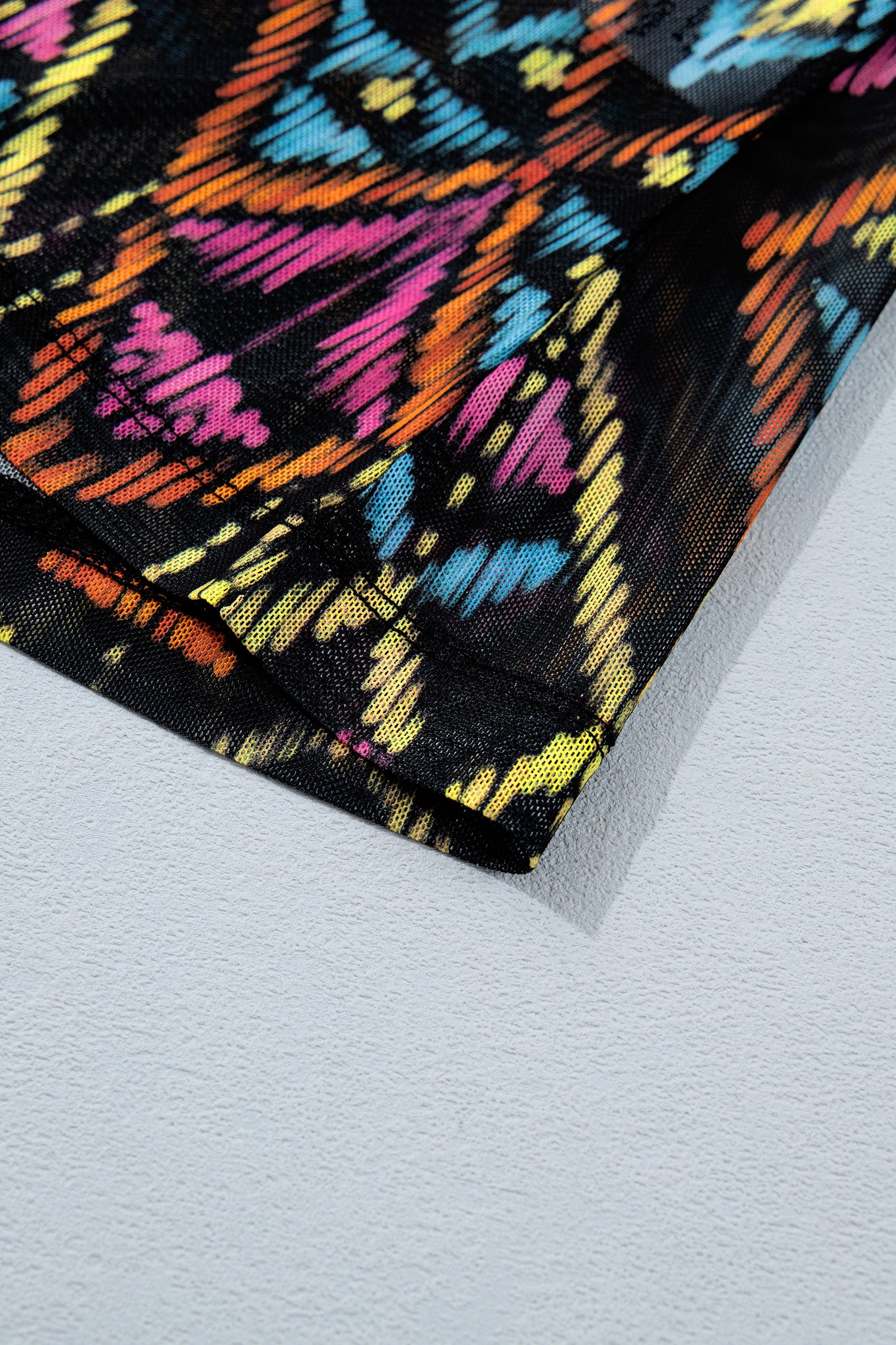 Black Abstract Print Stand Neck Mesh Top
