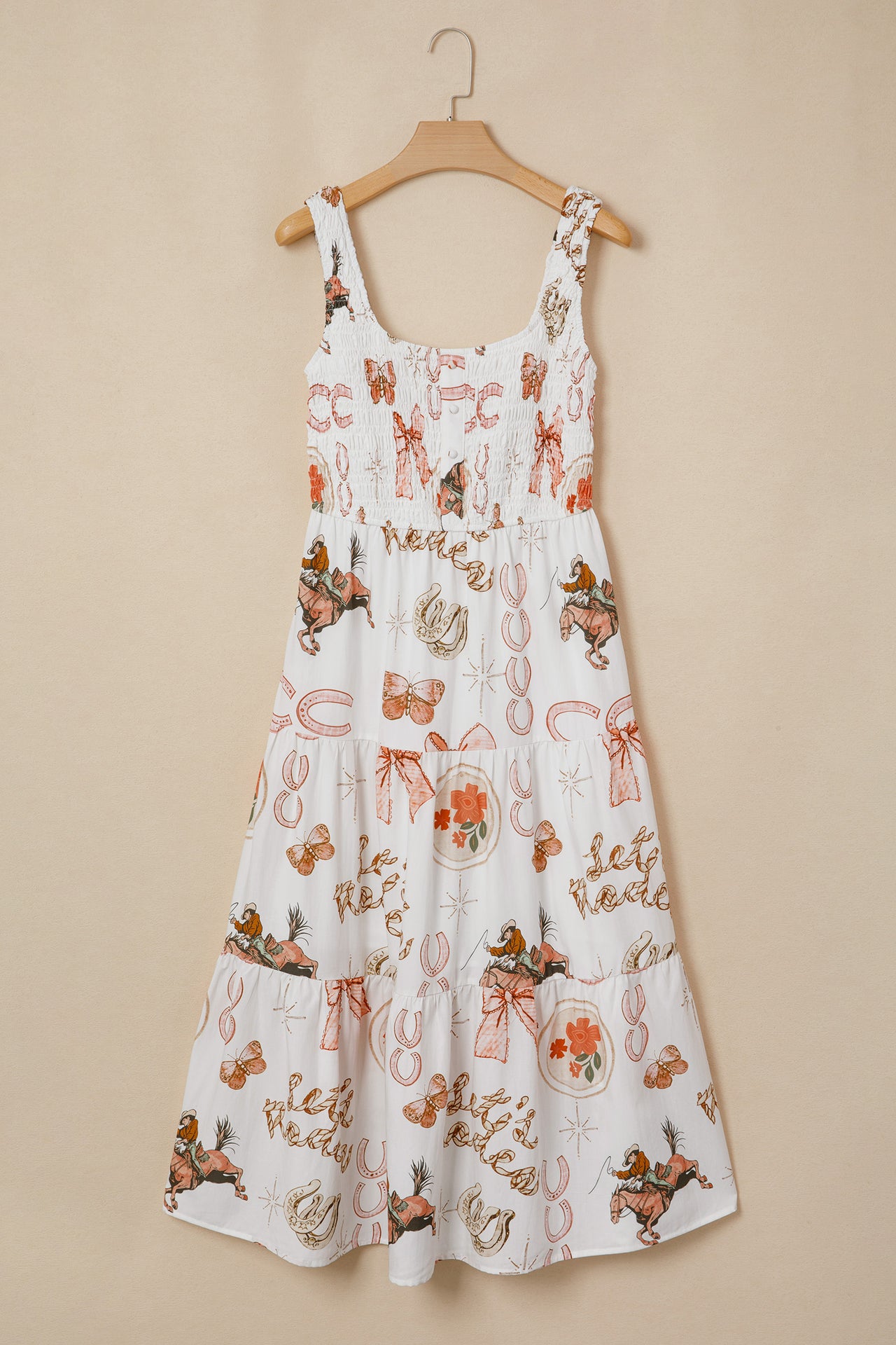 White Western Horseshoe Print U-Neck Sleeveless Midi Dress
