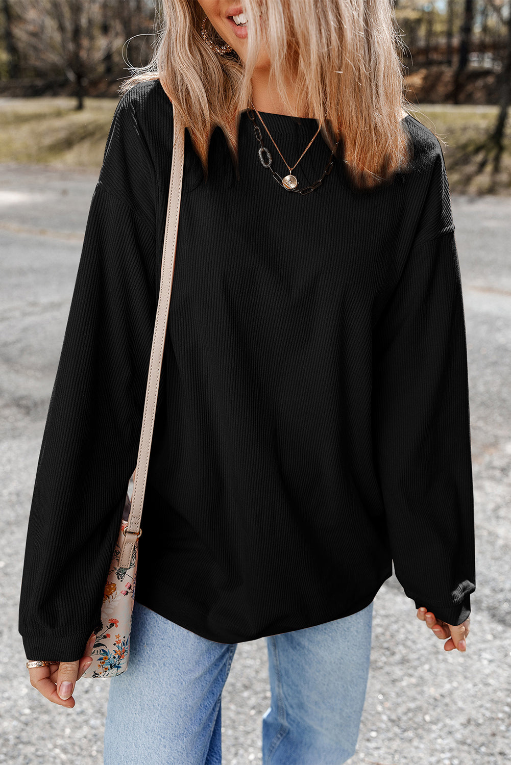 Smoke Gray Ribbed Corduroy Oversized Sweatshirt