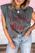 Cowboys & Beer sleeveless tank top in dark mineral wash with red western graphic text and casual fit.