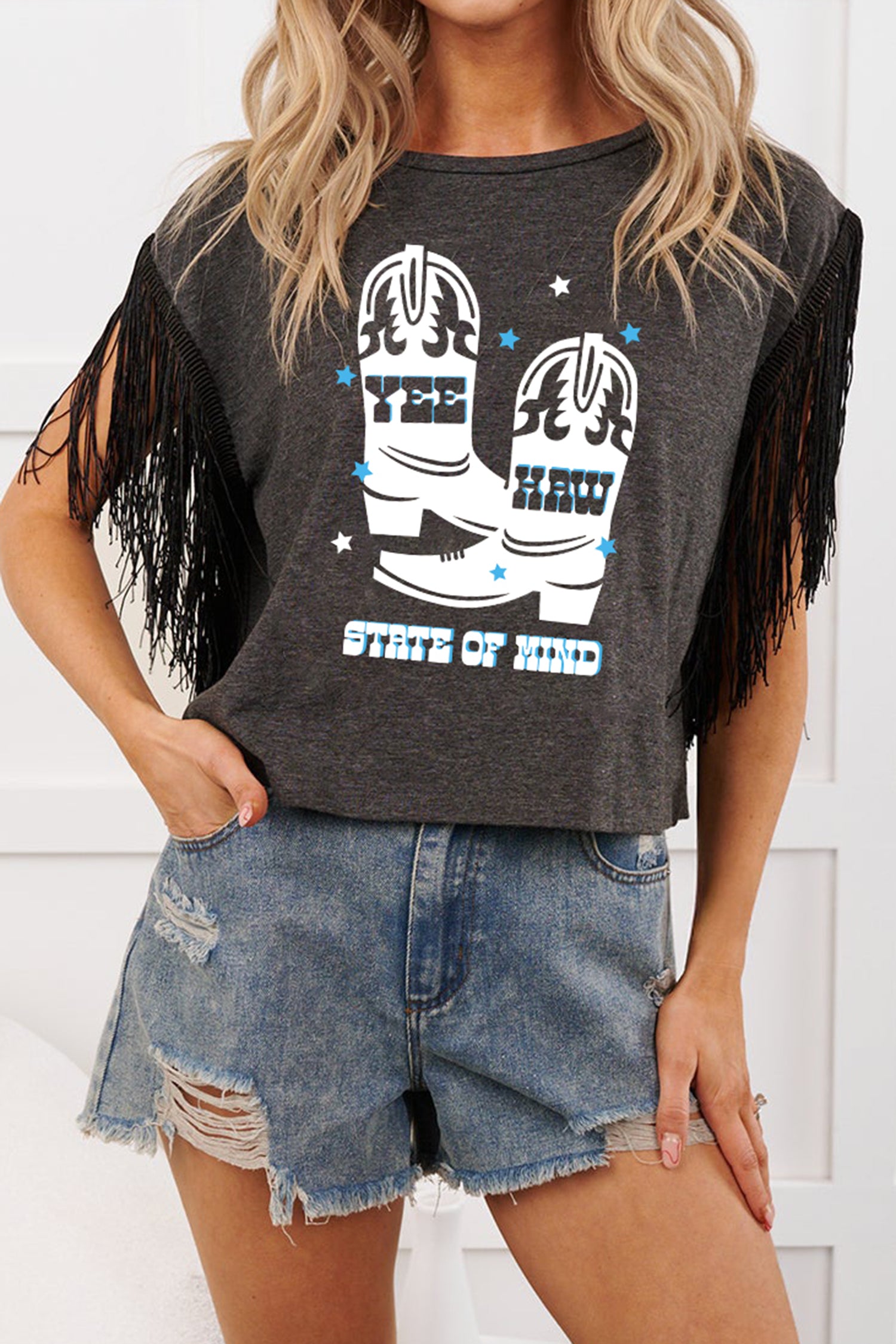 Carbon Grey YEE HAW Boots STATE OF MIND Fringed Sleeve Tee
