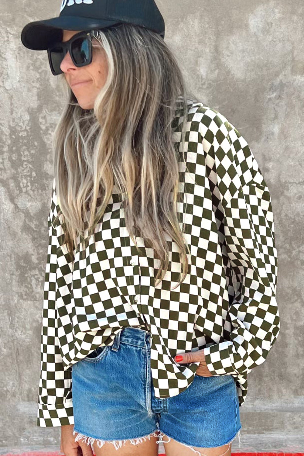 Green Checkerboard Print Drop Shoulder Shirt