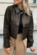 Women's leopard faux leather jacket with colorblock collar and metal placket