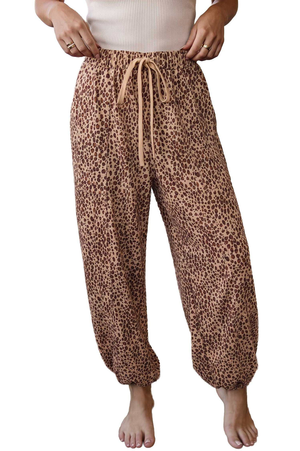 Khaki leopard drawstring pants, view 13