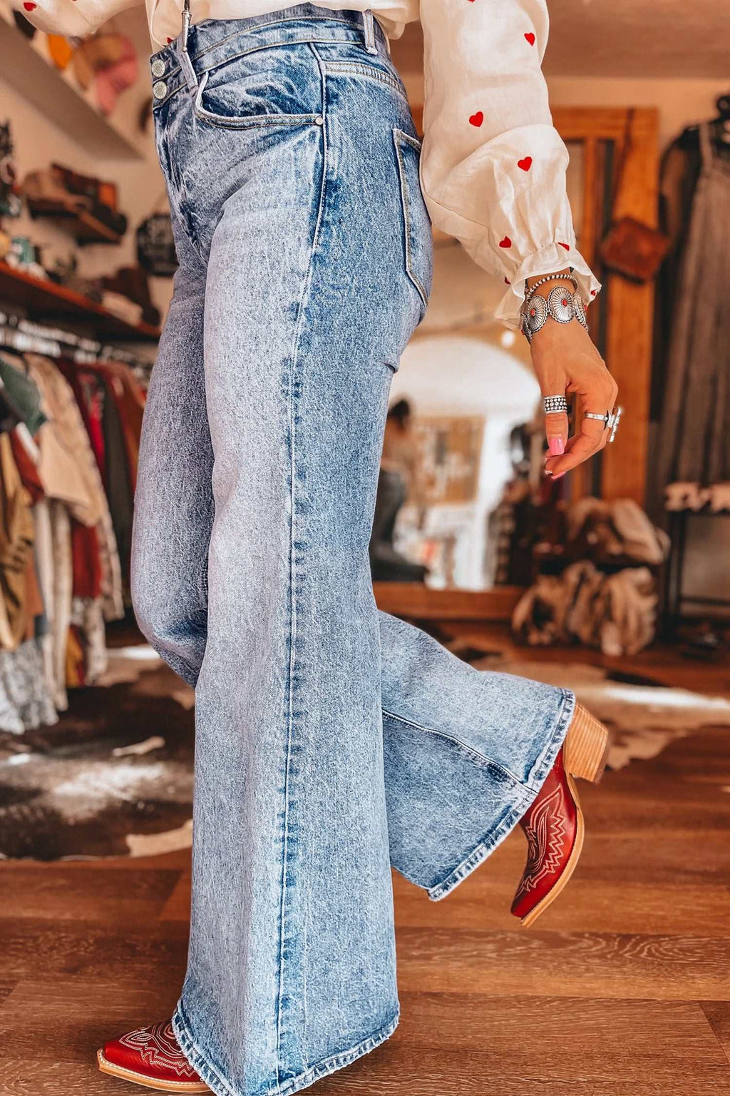 Blue acid wash flare jeans, view 5