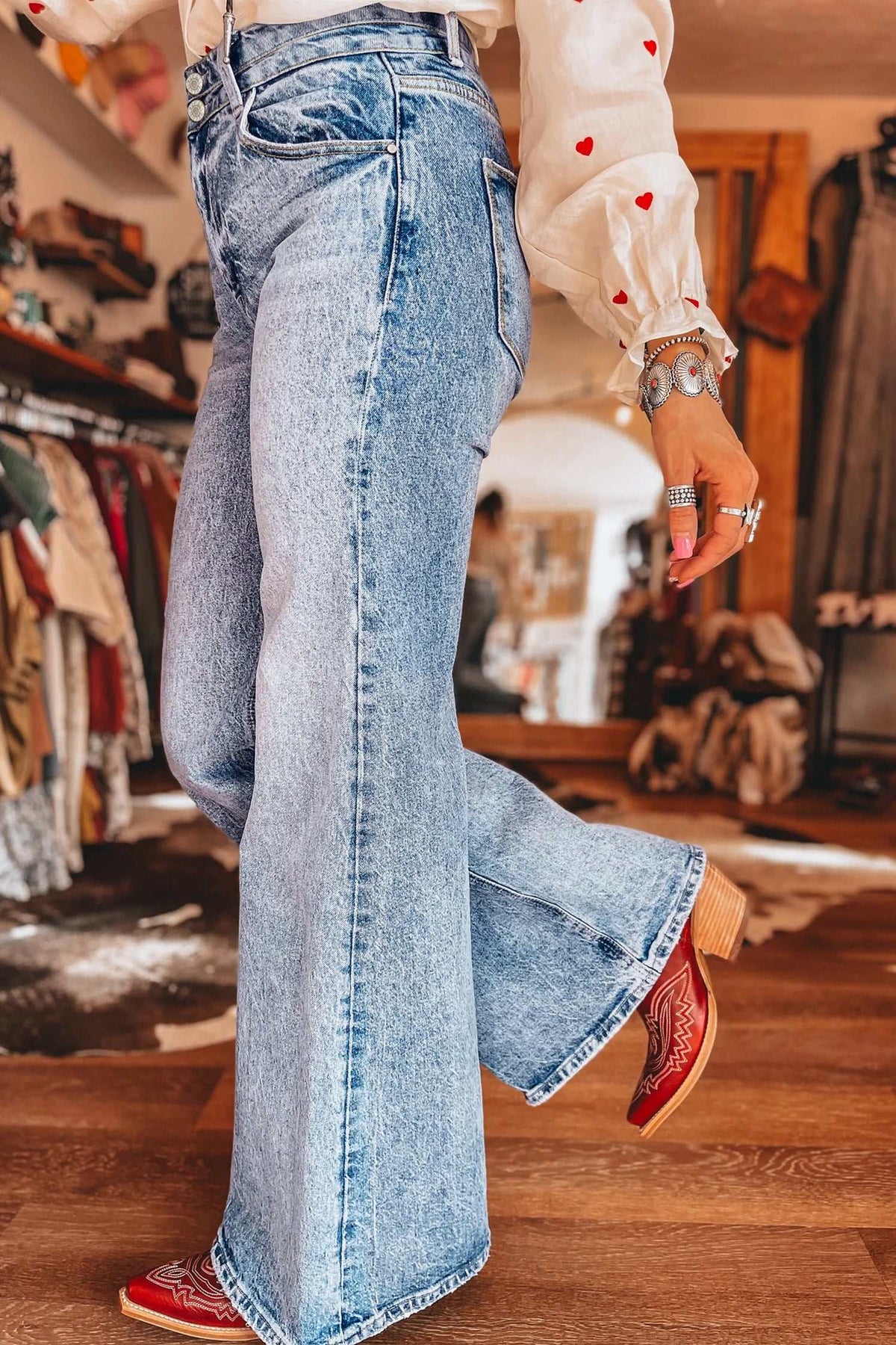 Blue acid wash flare jeans, view 5