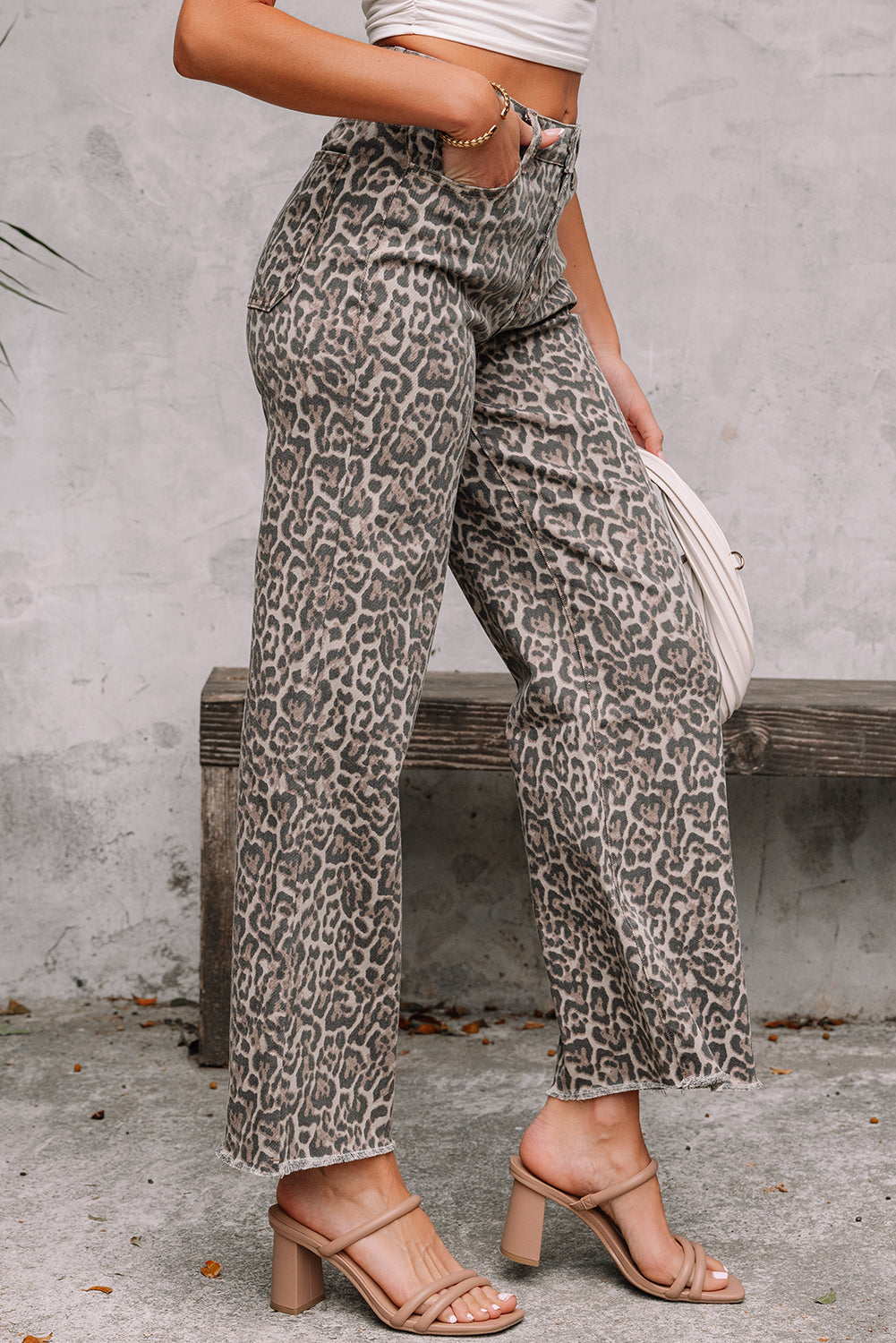 Brown leopard wide leg jeans, view 3