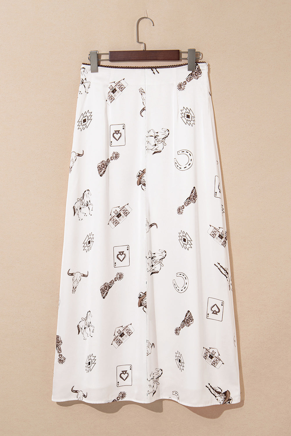 Plus size beige western print maxi skirt with lace waist trim and side zip