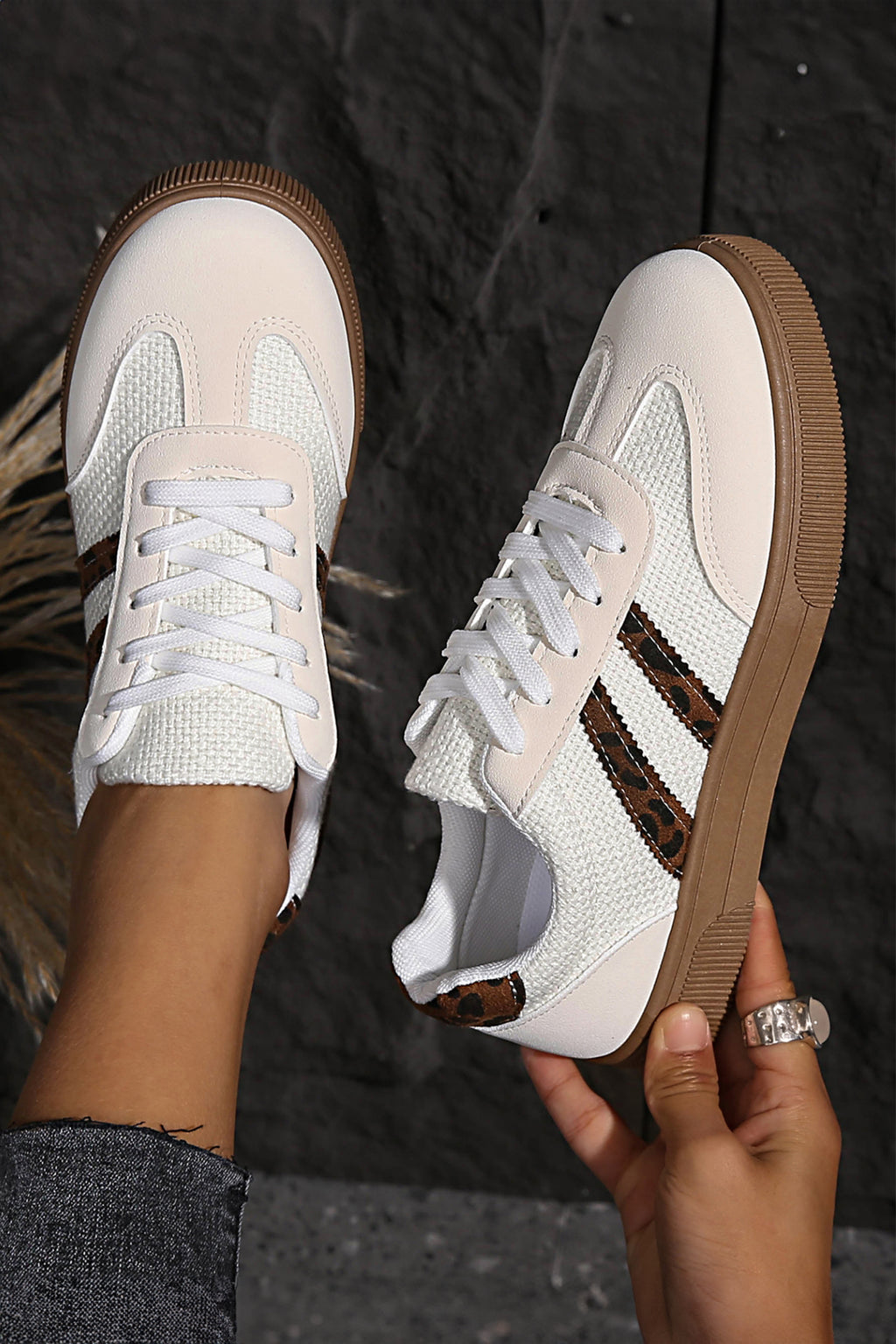 Women's white woven faux leather flat sneakers with leopard patchwork