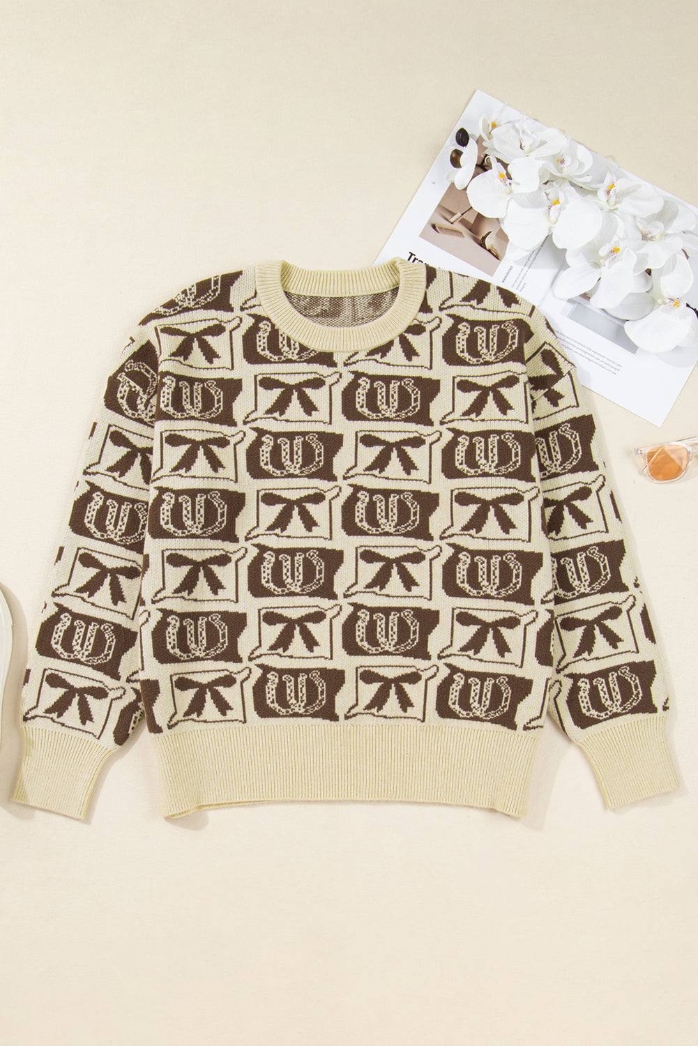 Brown horseshoe plus size sweater, view 8
